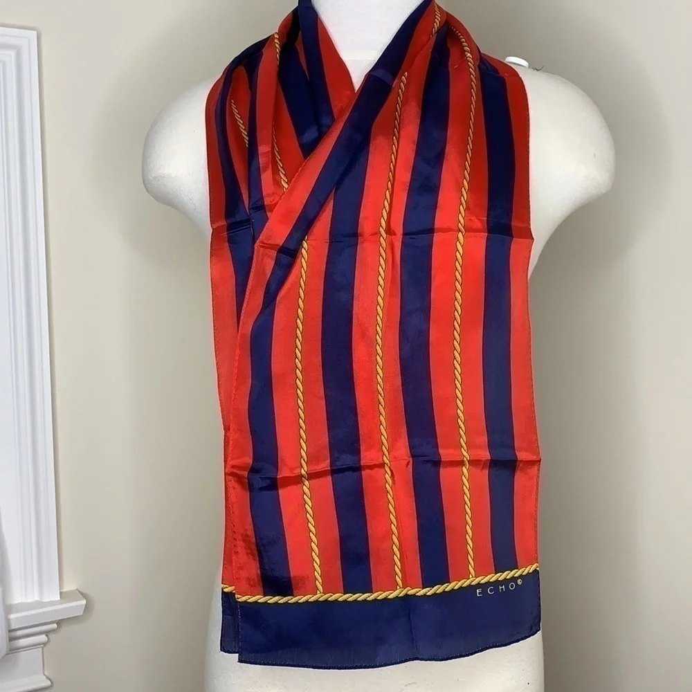 Echo || Silk Nautical Red Blue Striped with Gold Rope Design Scarf 10 1/2” x 52”